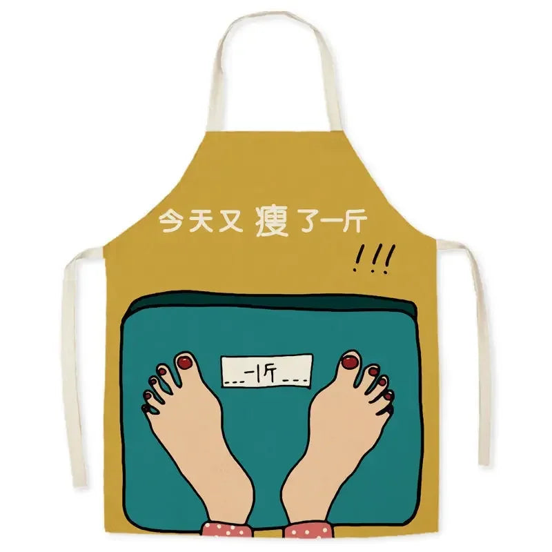 Kawaii apron with cartoon illustration of feet on a scale and text on a yellow background