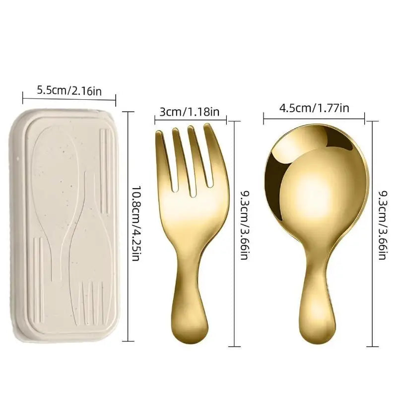 Gold kawaii utensils set with measurements on a white background