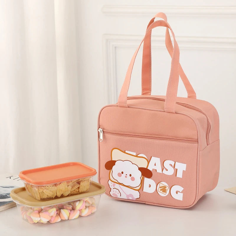 Pink kawaii tote bag with cartoon design and text on a light background
