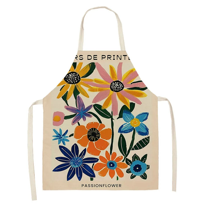 Beige kawaii apron with colorful floral design on a white background