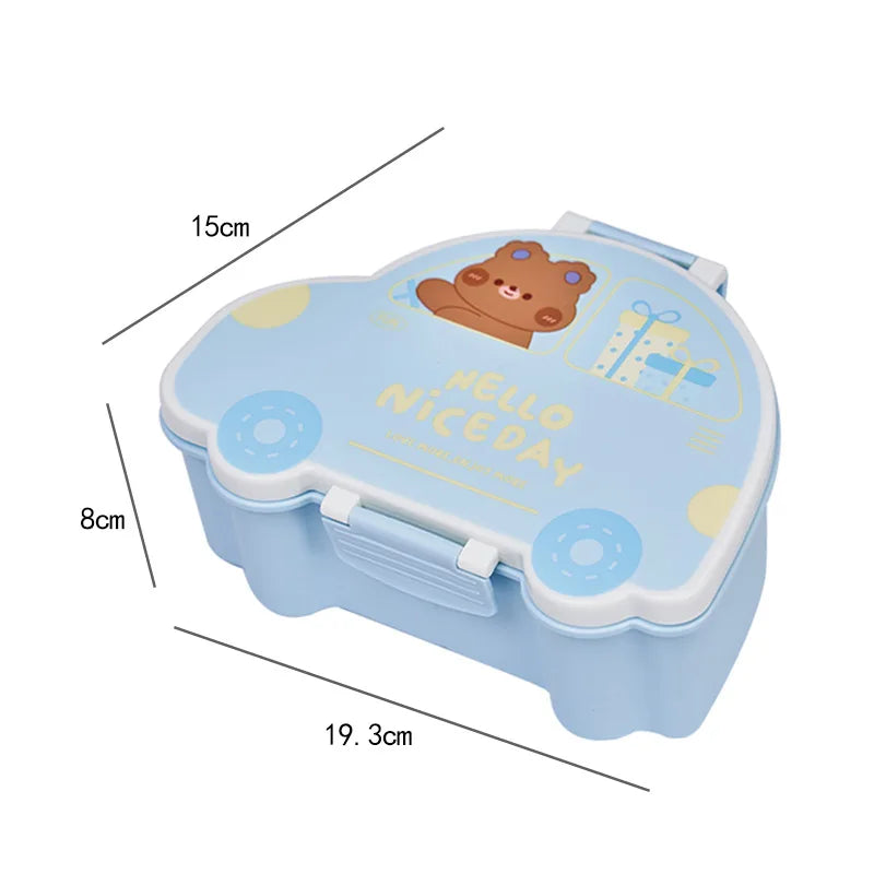 Blue cartoon-themed kawaii lunch box with dimensions on a white background