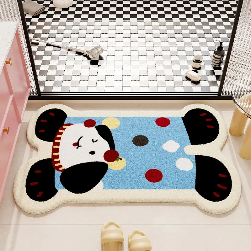 Cartoon-style kawaii bath mat with a panda design on a checkered floor.