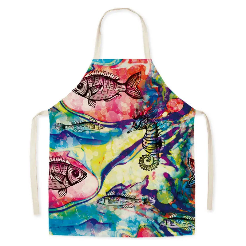Colorful kawaii apron with fish and seahorse design on a white background