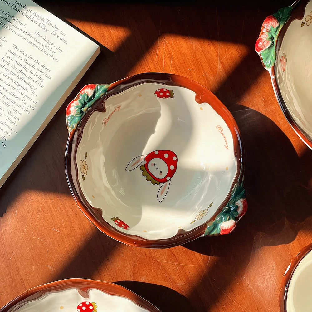 A large kawaii ramen bowl with a bunny design on it