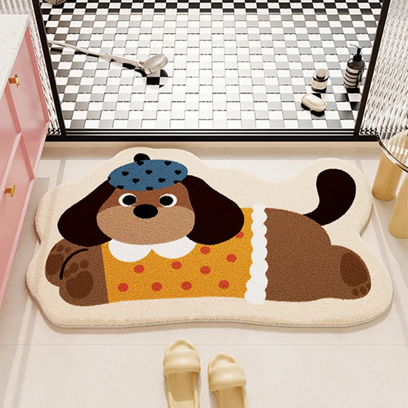 Dog-shaped kawaii bath mat on a bathroom floor with checkered tiles in the background.