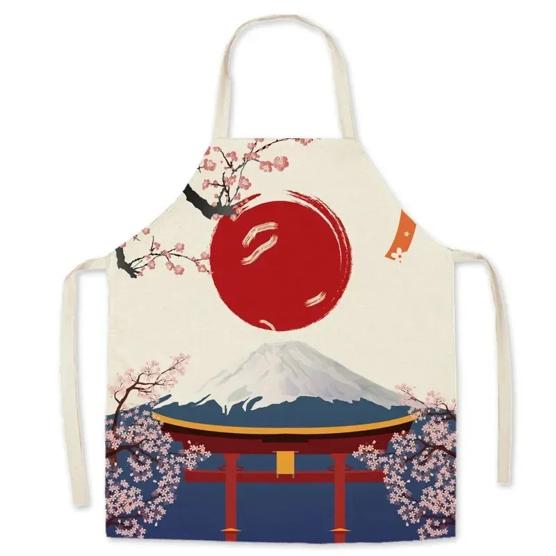 Kawaii apron with Mount Fuji, red sun, and cherry blossoms design on a white background