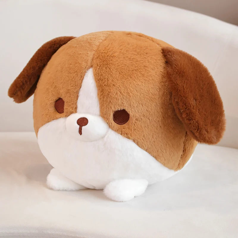 Plush kawaii toy shaped like a dog with brown and white fur on a light background
