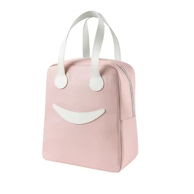 Pink bag with a white smiley face design on a white background
