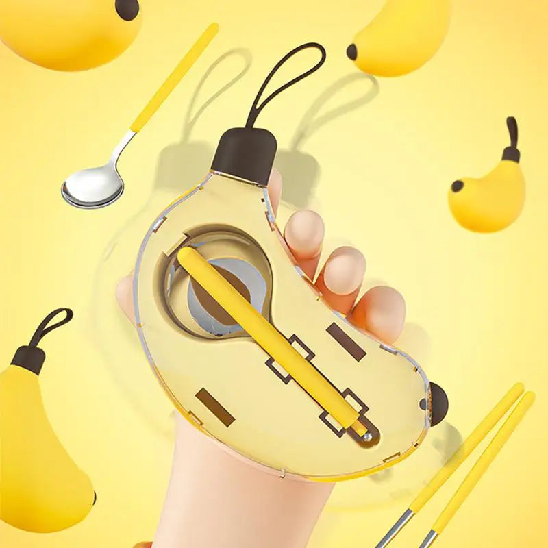 Someone holding a banana shaped kawaii utensils case