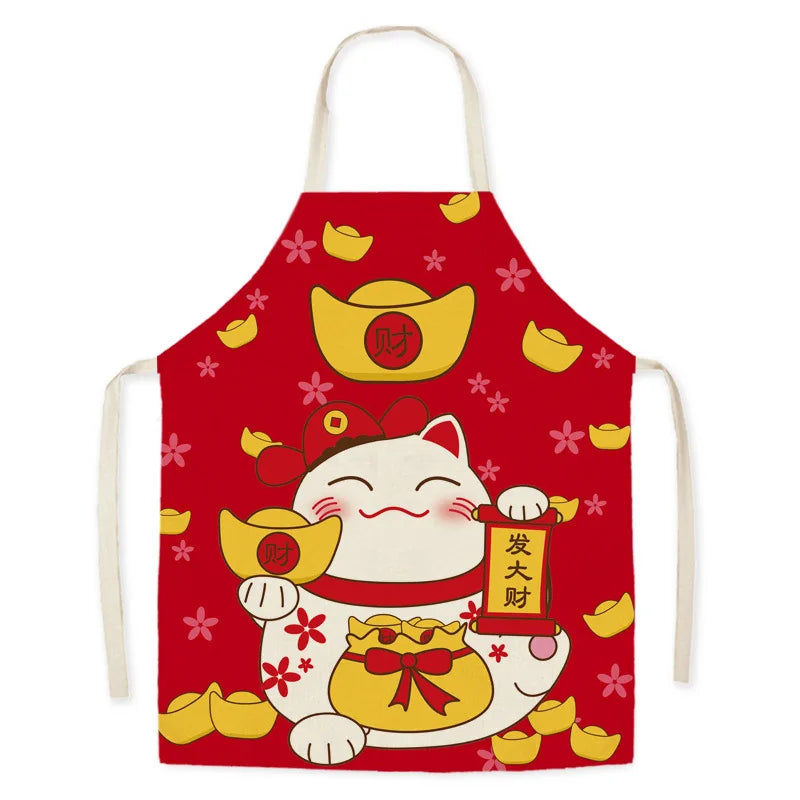 Red kawaii apron with a cartoon cat holding gold ingots on a white background