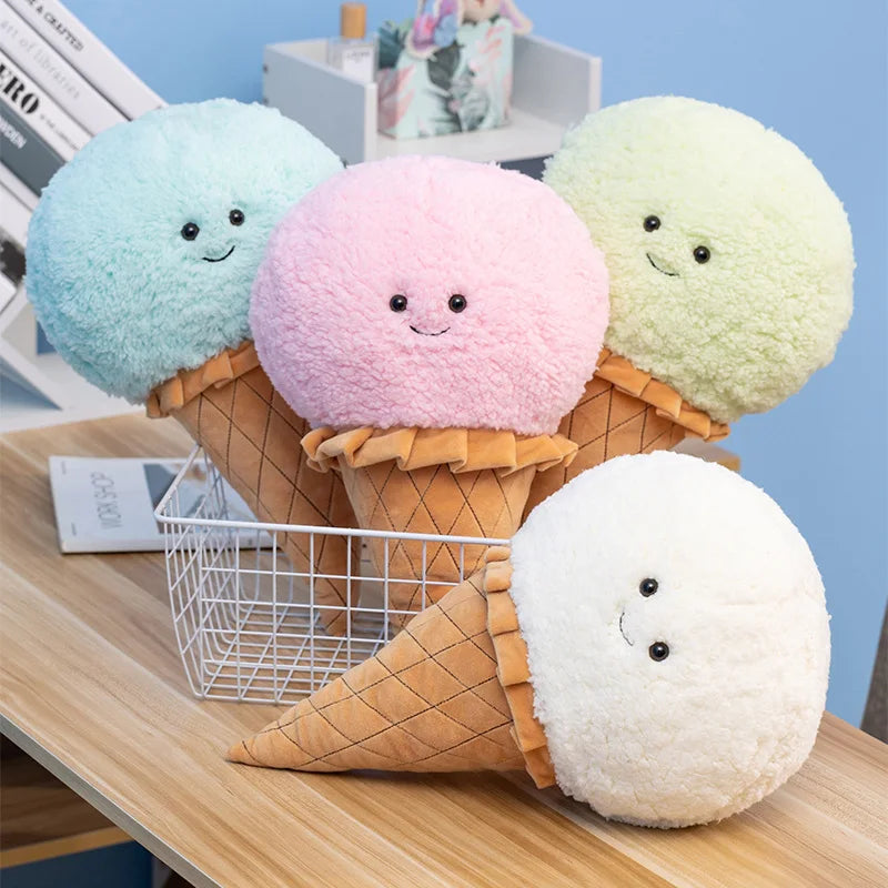 Four kawaii plush ice cream cones with smiling faces on a wooden surface.