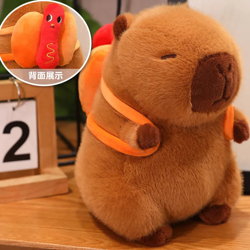 Kawaii plush toy resembling a groundhog with an orange collar on a wooden surface.