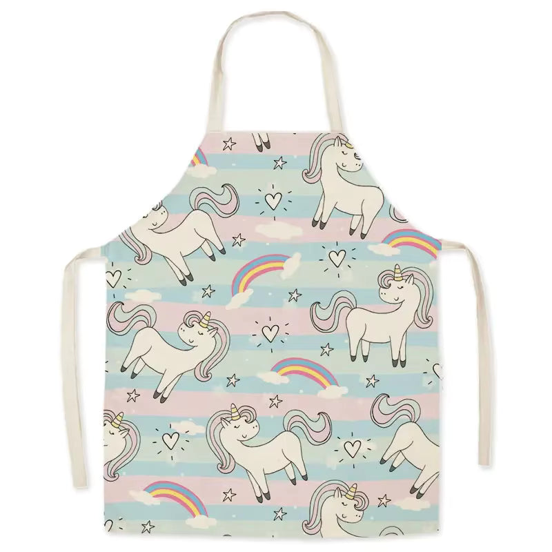 Children's kawaii apron with unicorn and rainbow pattern on a white background