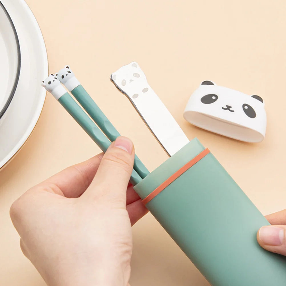 Green travel kawaii utensils set with panda design on a beige background