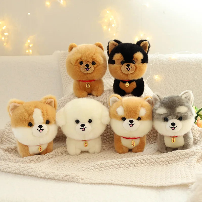 Set of six kawaii plush dog toys on a blanket with a soft, warm background.
