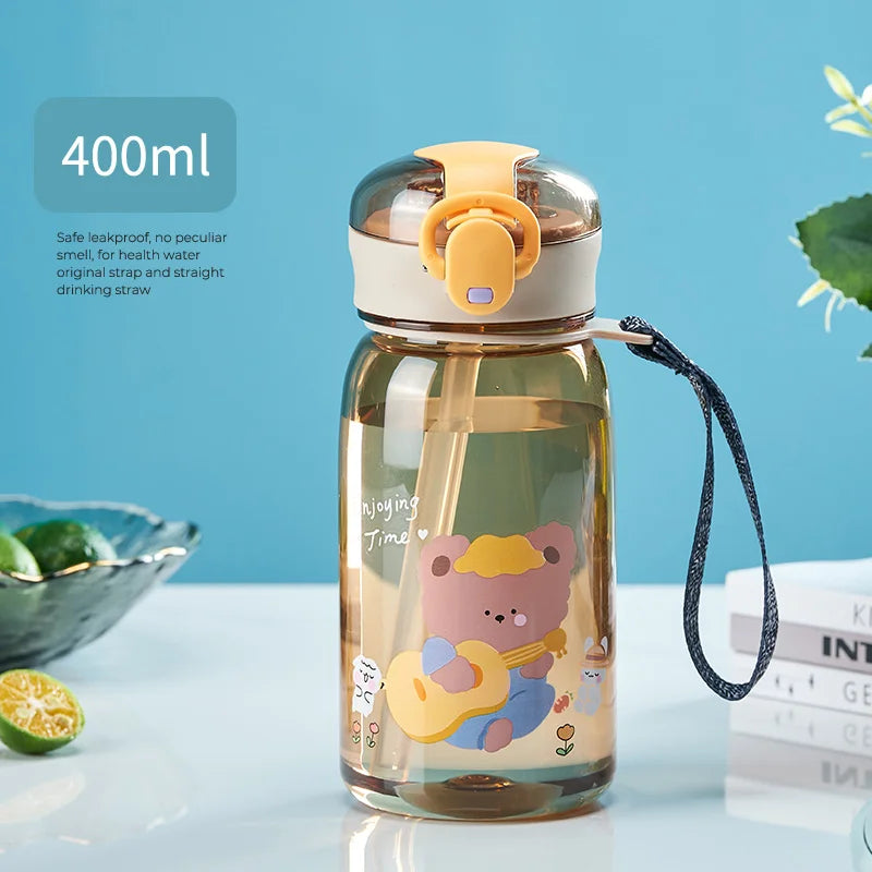 Children's kawaii water bottle with bear design on a blue background