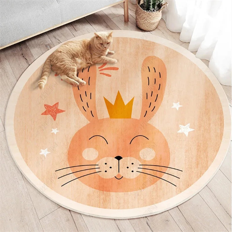 Round kawaii rug with a rabbit design on a wooden floor, featuring a cat sitting on it.