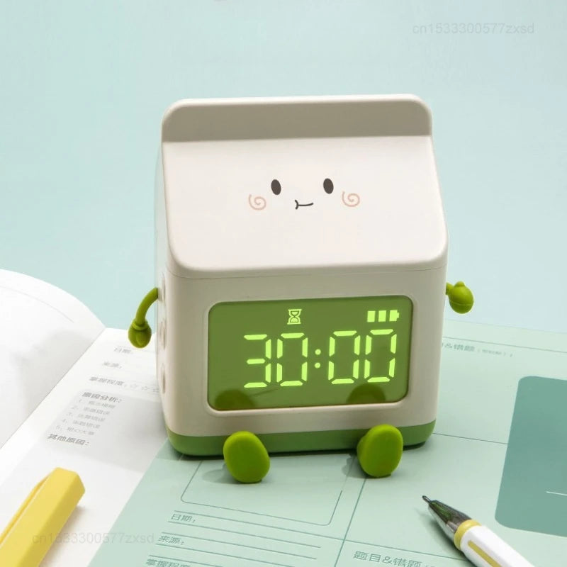 Cute kawaii digital clock with green display on a light blue background