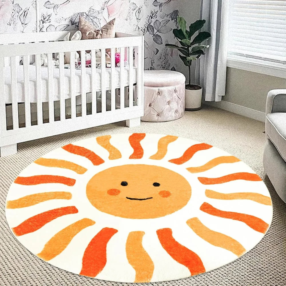 Round kawaii rug with a sun design in a nursery room
