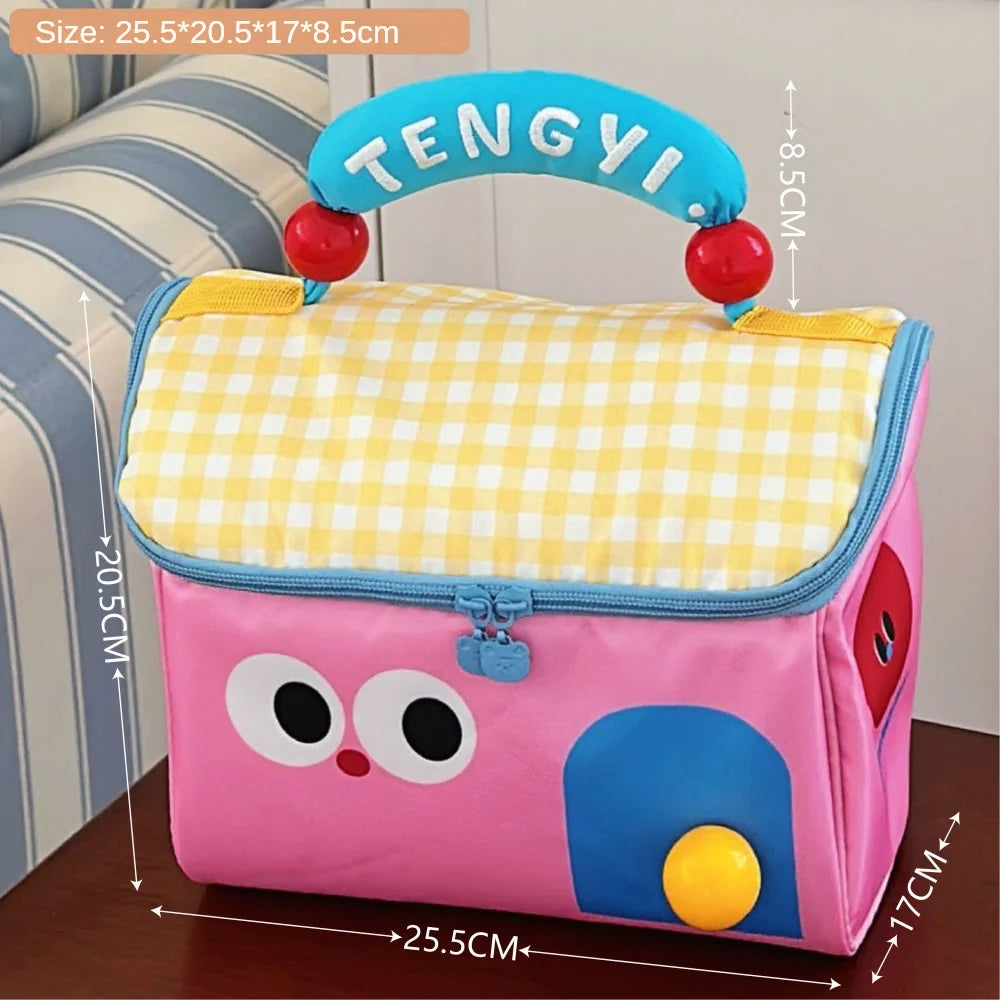 Children's kawaii lunch bag with cartoon design and dimensions on a neutral background