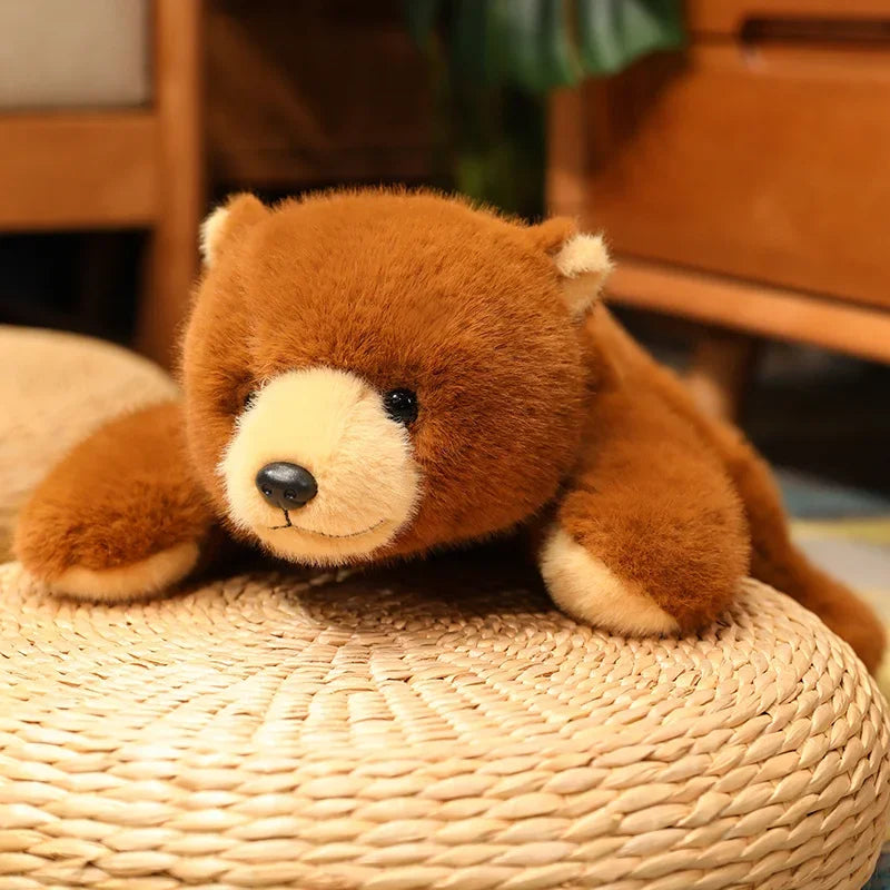Brown kawaii teddy bear on a woven surface with a blurred wooden background