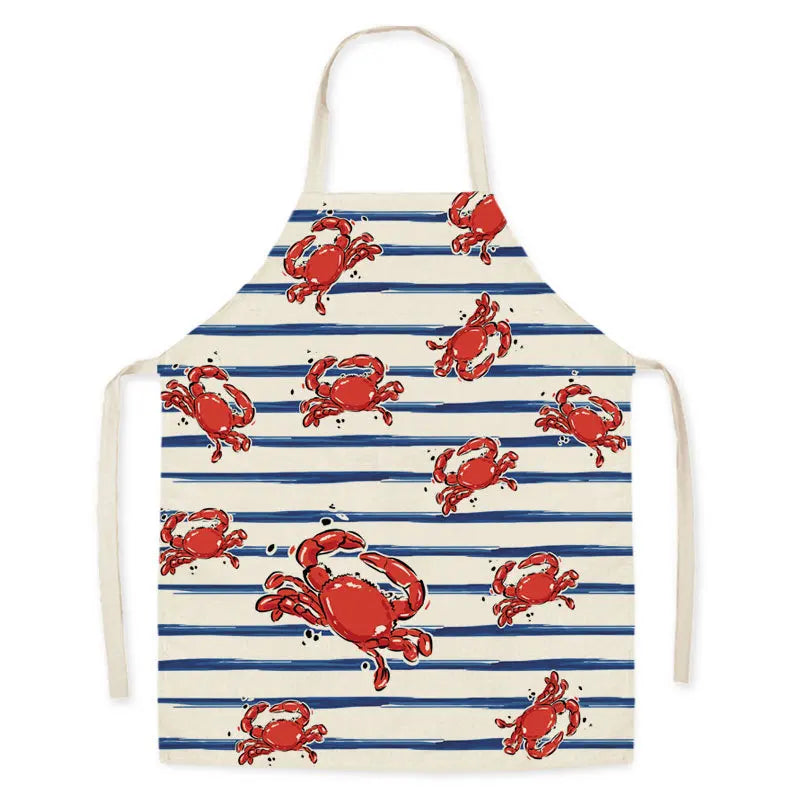 Kawaii apron with red crab pattern on blue and white striped background