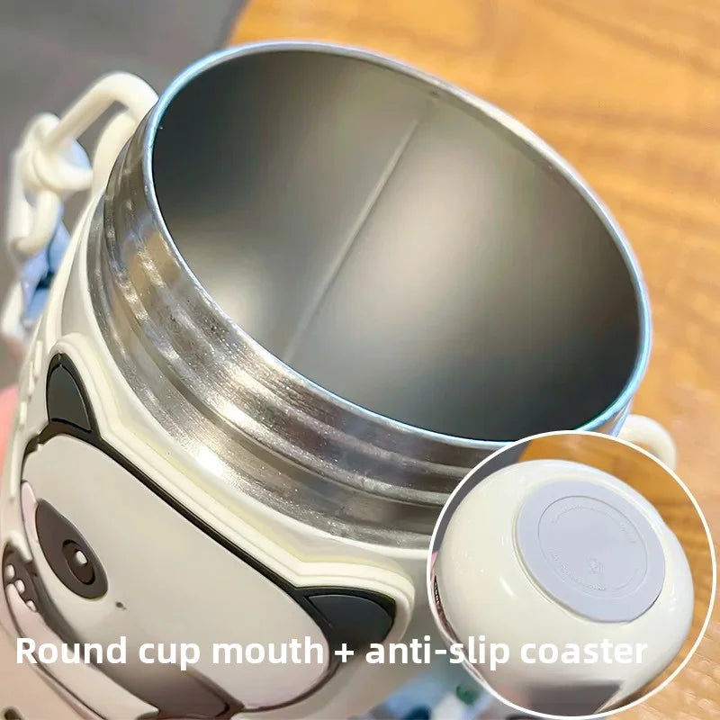 Kawaii water bottle with round cup mouth and anti-slip coaster on a wooden surface