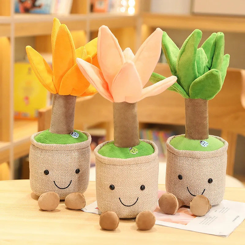 Three kawaii plush flower pots with smiling faces on a wooden surface.