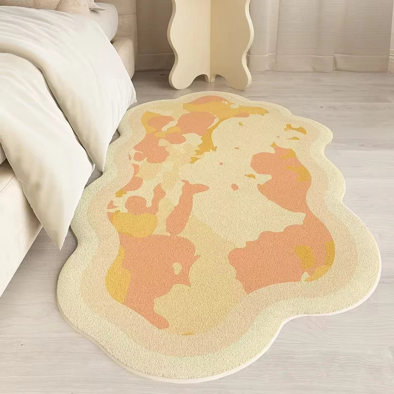 Decorative kawaii rug with abstract design on a wooden floor