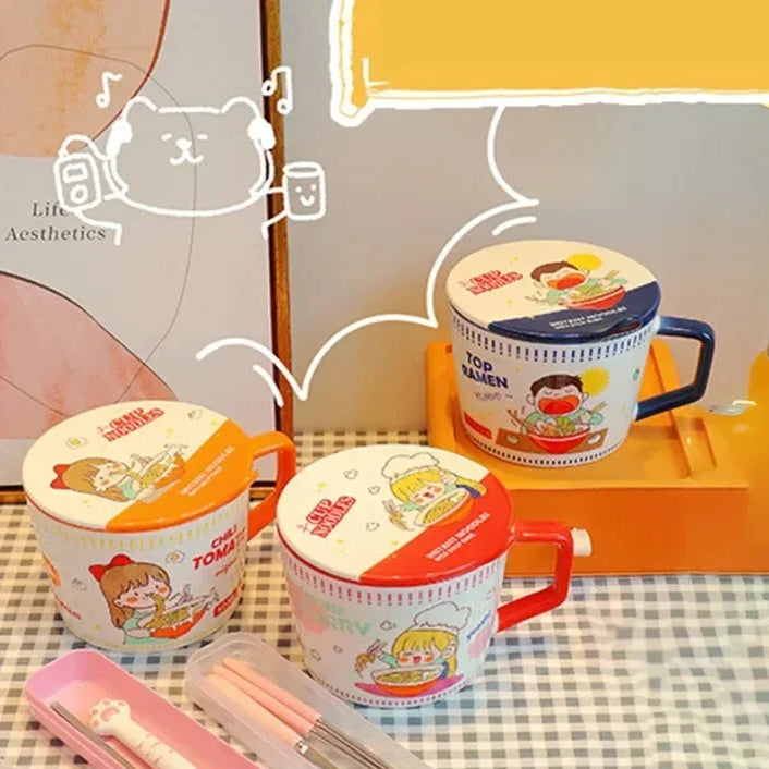 Three cartoon-themed ceramic kawaii ramen bowls with lids on a checkered tablecloth.