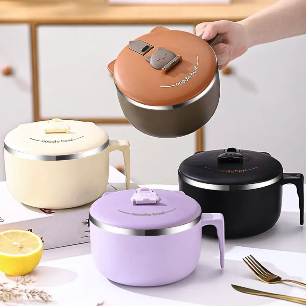 Someone holding a kawaii ramen bowl with three other bowls on a table.