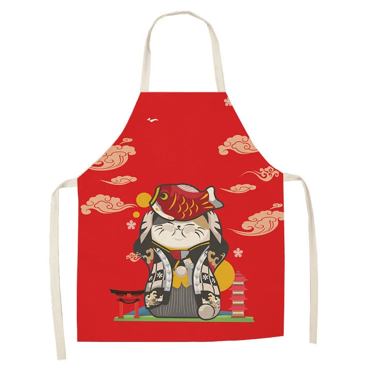 Red kawaii apron with a cat and fish design on a white background