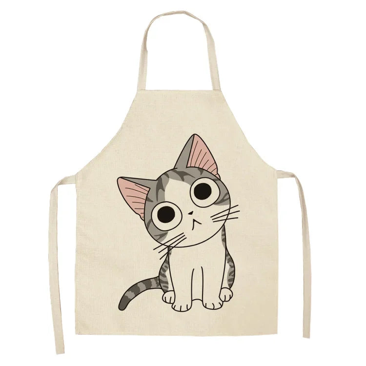 Beige kawaii apron with a cartoon cat design on a white background