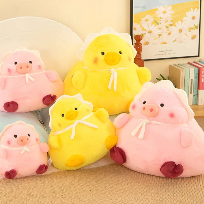 Kawaii plush toys shaped like pigs and chicks on a beige surface with a decorative background.