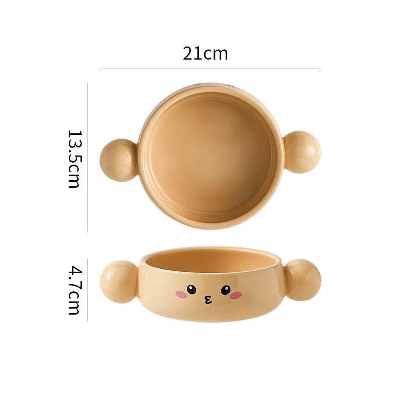 Measurement chart of a cute ceramic kawaii ramen bowl with dimensions and capacity on a white background