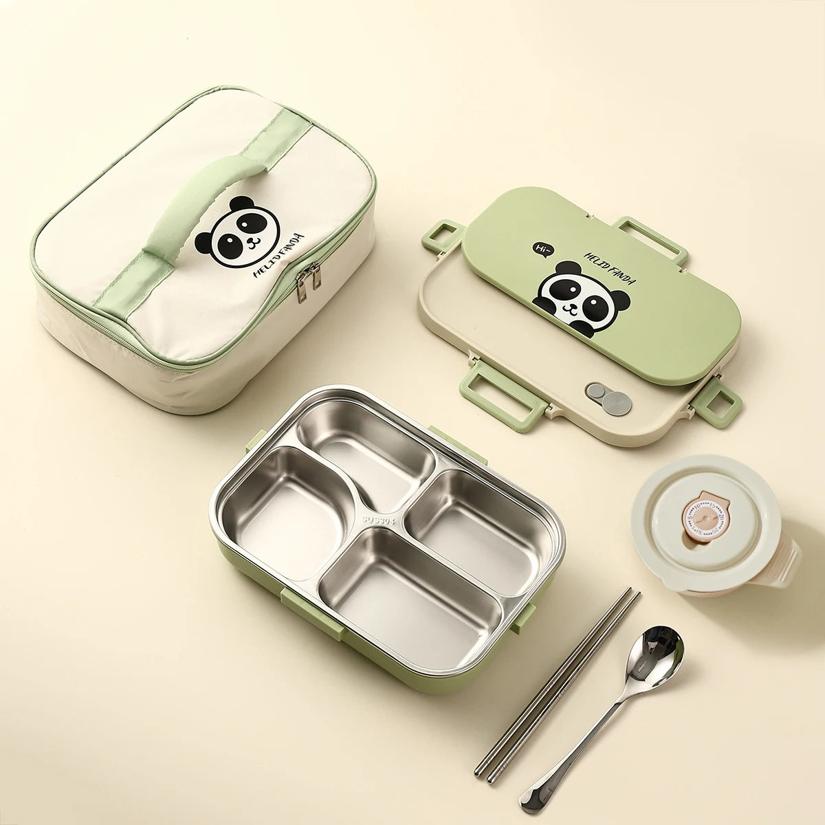 Lunch box set with kawaii panda design on a beige background