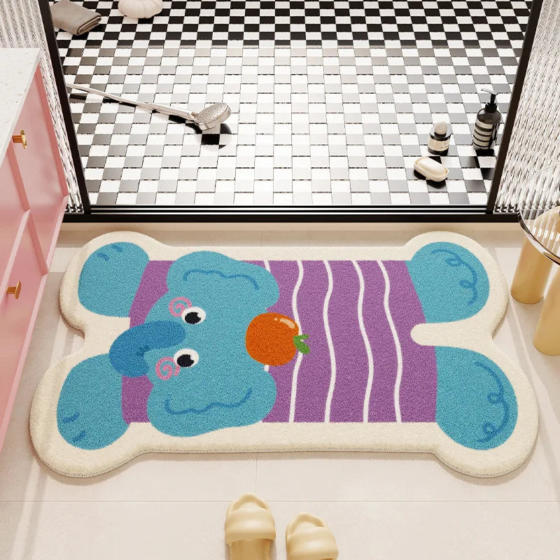 Kawaii bath mat with a cartoon character on a checkered bathroom floor.