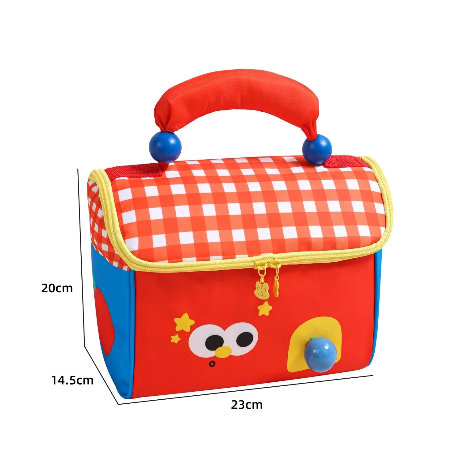 Red checkered kawaii bag with cartoon face design and measurements on a white background