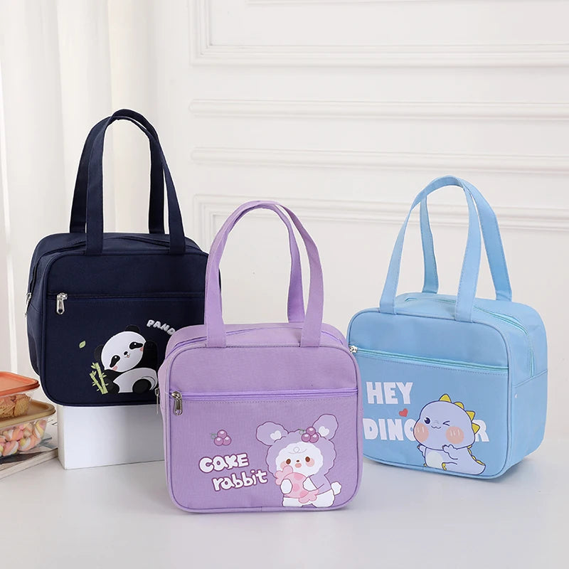 Three kawaii bags in different colors with cartoon designs on a white background