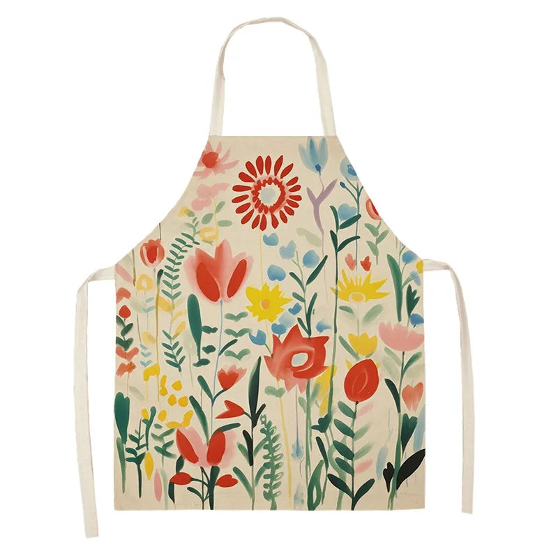 Floral kawaii apron with colorful flowers on a beige background