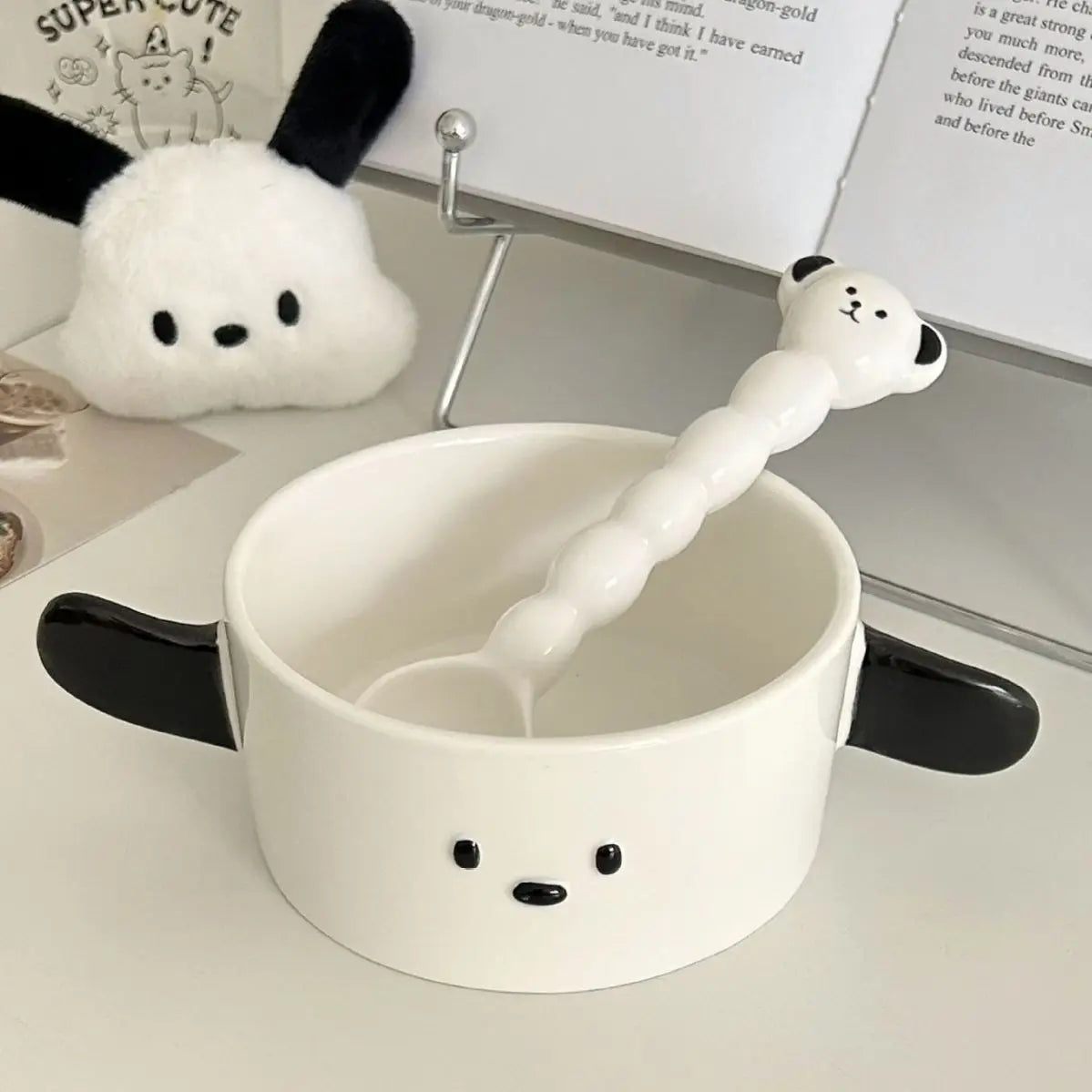 A black and white dog themed kawaii ramen bowl on a table