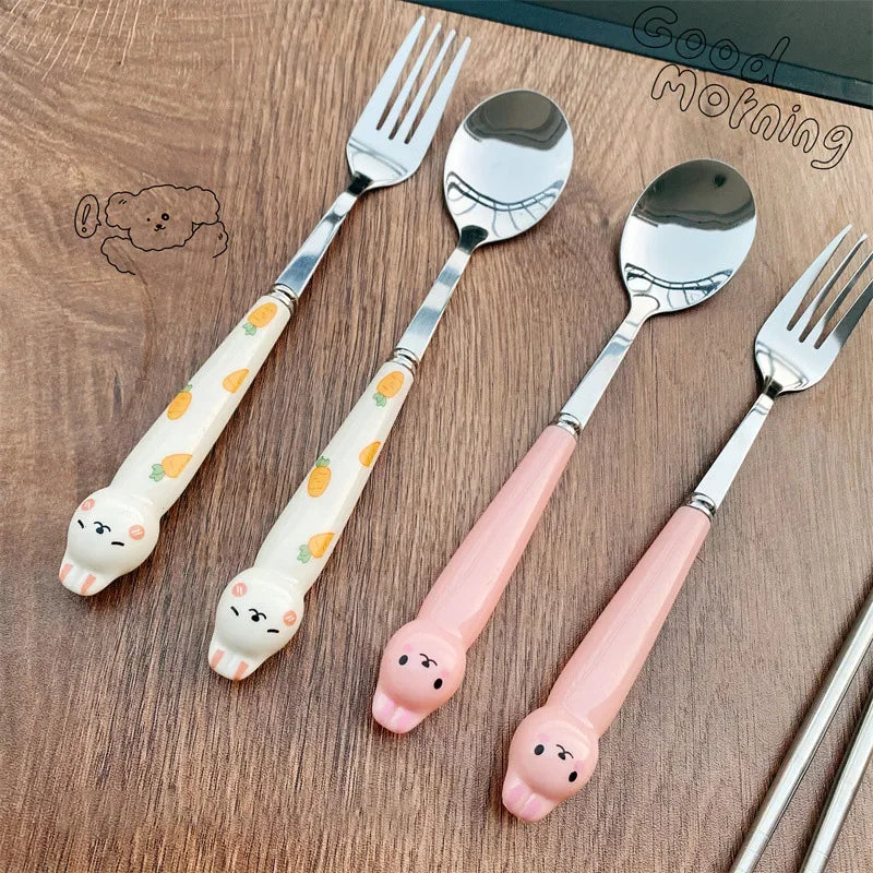Set of cute animal-themed kawaii utensils on a wooden surface with 'Good Morning' text.