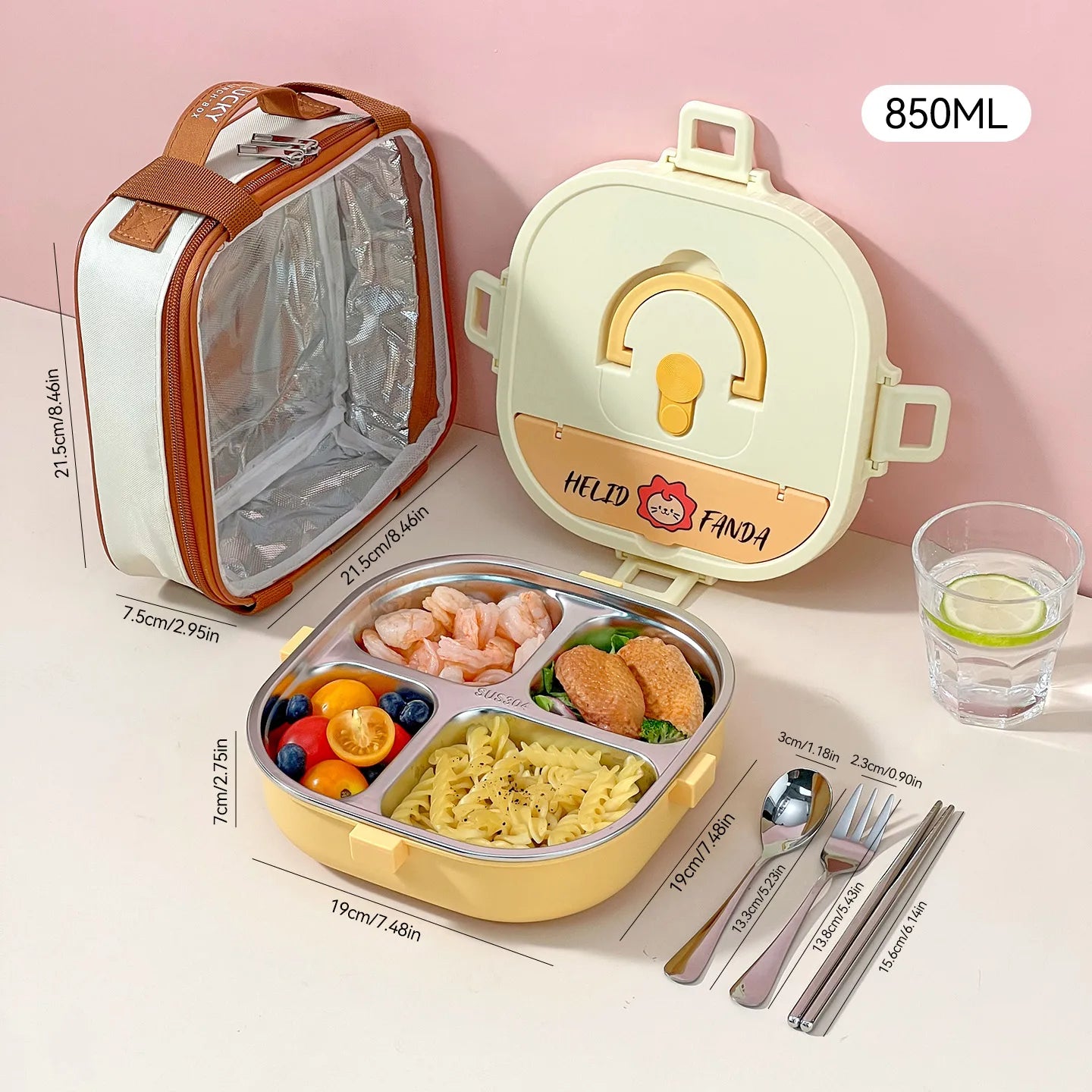 Yellow kawaii lunch box with compartments, lid, and accessories on a pink background
