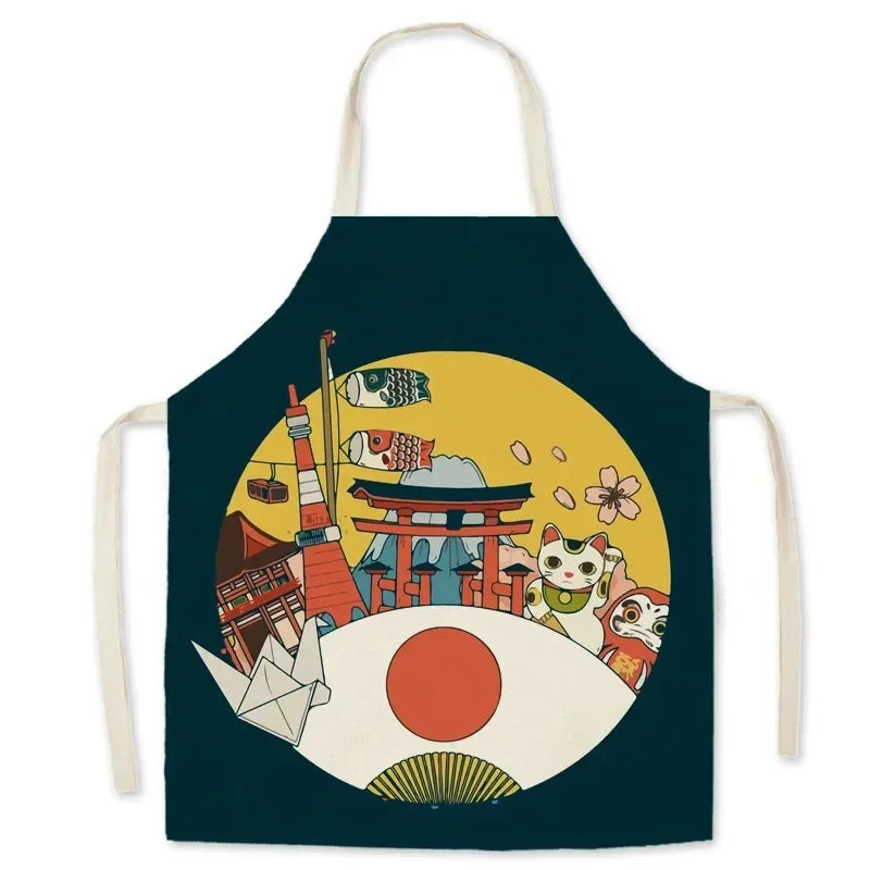 Kawaii apron with Japanese-themed design featuring a temple, foxes, and cherry blossoms on a white background.