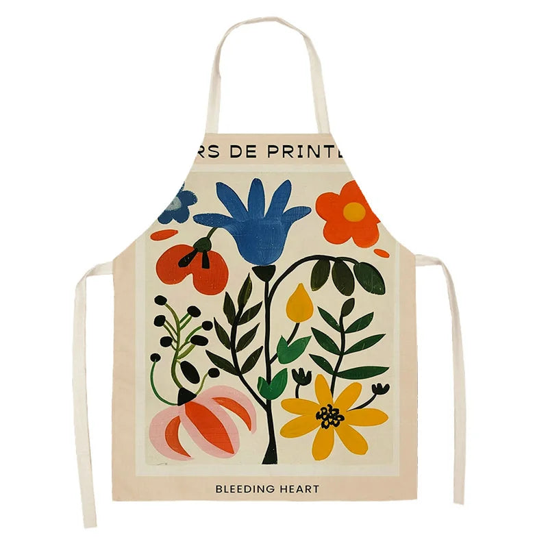 Beige kawaii apron with colorful floral design on a white background