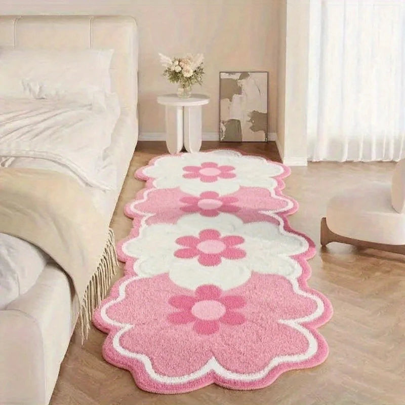 Pink floral kawaii rug on a wooden floor in a living room setting