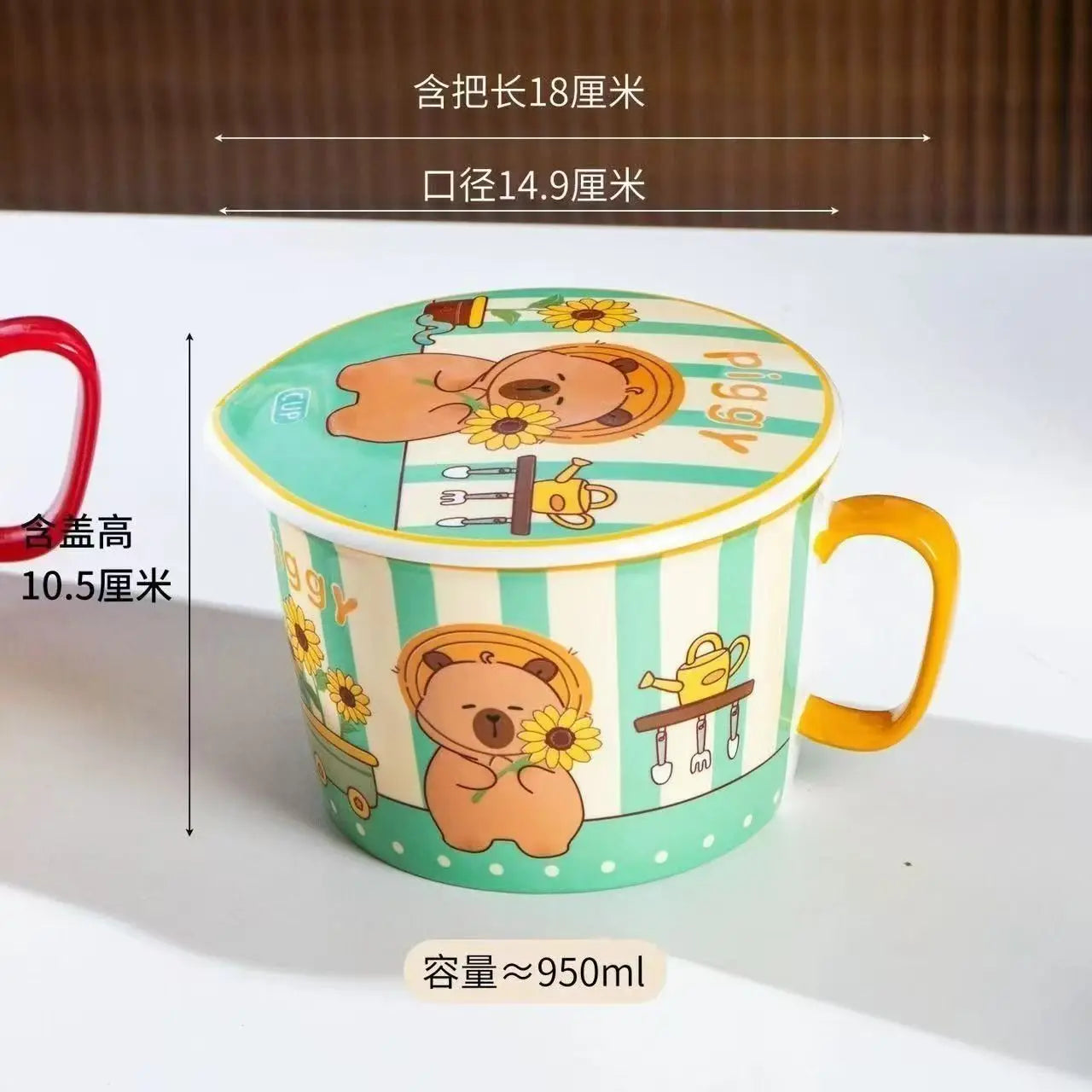 A green and white capybara themed kawaii ramen bowl on a table