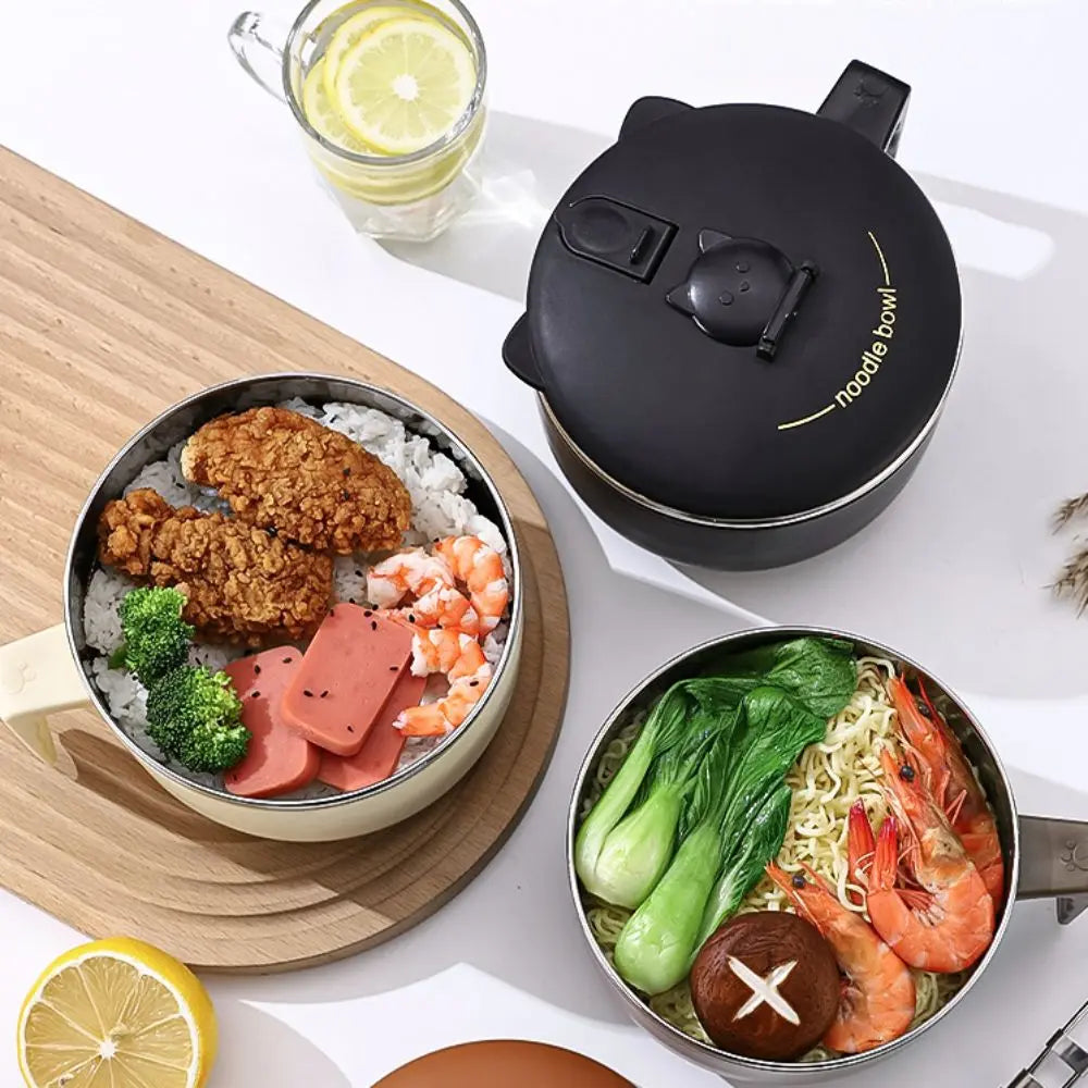 Noodle kawaii ramen bowl with various ingredients and a black lid on a white surface.