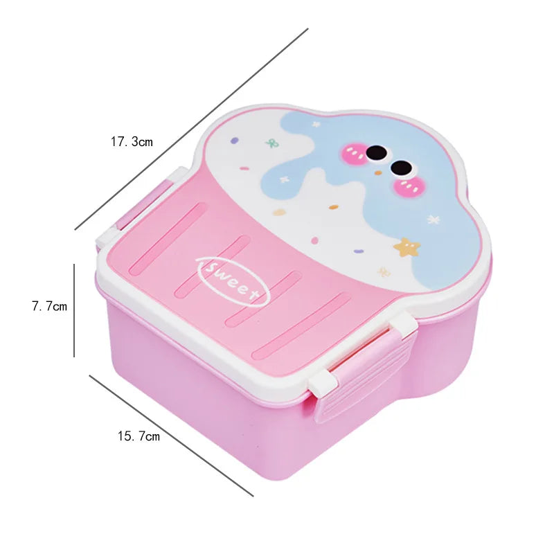 Pink cartoon-themed kawaii lunch box with measurements on a white background