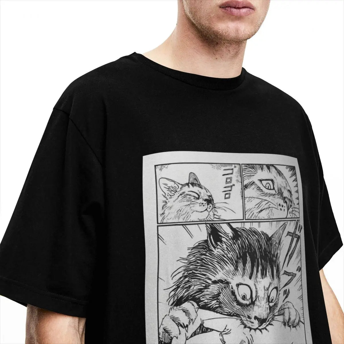 Black t-shirt with graphic of kawaii cats in comic style on a white background